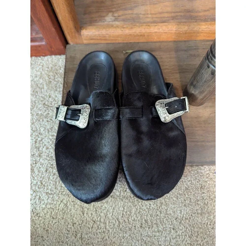 NWOB SCHUTZ Grace Leather Mule Clogs Sz 9.5B Black Silver Buckle Slide On Shoes